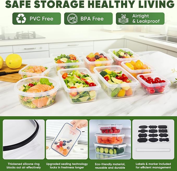 24-Piece PVC-Free BPA-Free Food-Grade Plastic Kitchen Set (12 Containers + 12 Lids), Leakproof Airtight Reusable Meal Prep & Food Storage Containers, Microwave and Dishwasher Safe