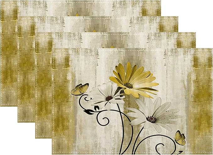 Floral Place mats Set of 4, 12x18 Inches Summer Yellow Daisy Flower Decorative Placemats Rectangle Floral Table Mats for Party Home Kitchen Dining Table Decoration