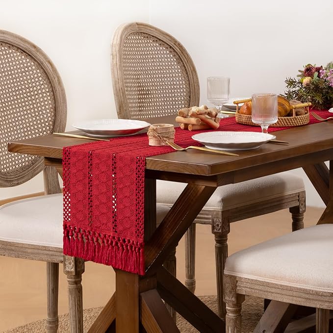 DeZerlor Boho Macrame Table Runner Spring Easter Farmhouse Woven Table Runner with Tassels 60 Inches Red Cotton Linen Kitchen Table Decor for Dining Dresser Home Tea Table Decor