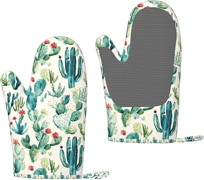 Cactus Silicone Oven Mitts Set of 2, Heat Resistant up to 500°F, Kitchen Oven Gloves with Non-Slip Grip and Soft Cotton Lining for Baking, Cooking and BBQ