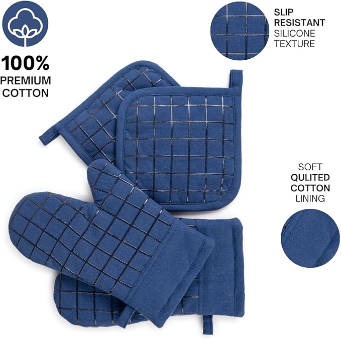 Oven Mitts and Pot Holders Set for Kitchen | 4 Pc Set| Heat Resistant Up to 500°F | Non-Slip Silicone Strips | Blue Kitchen Accessories | Includes 2 Hot Pads & 2 Cooking Mitts