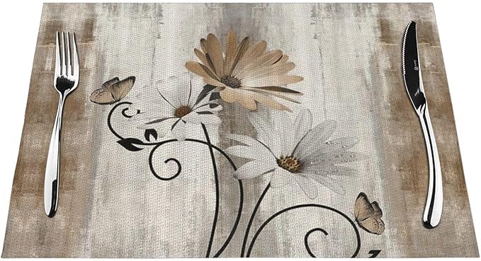 Floral Place mats Set of 4, 12x18 Inches Rustic Brown Daisy Flower Decorative Placemats Rectangle Floral Table Mats for Party Home Kitchen Dining Table Decoration