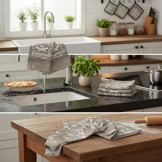 Sratte 6 Pcs Kitchen Decor Accessories Set Farmhouse Towels Pot Holders Oven Mitts Set 2 Dish Towels 2 Potholders 2 Cooking Mittens Oven Glove for Christmas Baking Cooking(Brown Wood Grain)