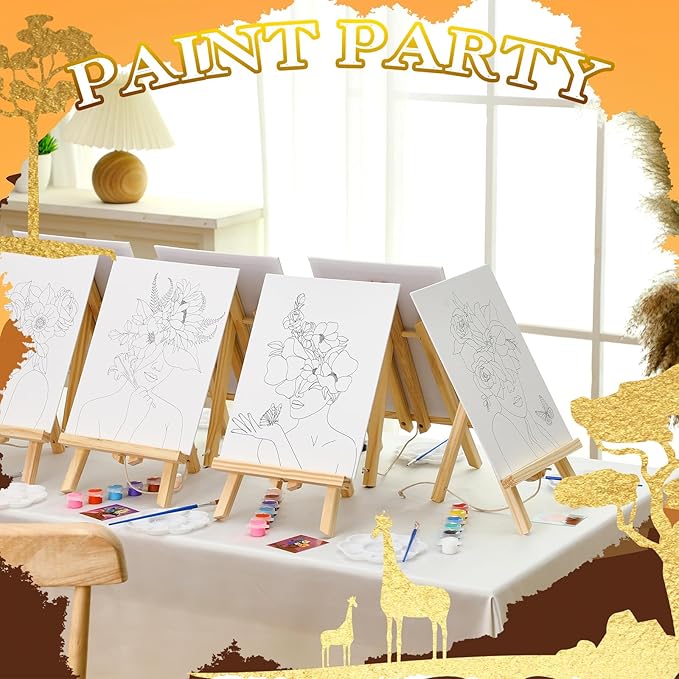 Motipuns 12 Set Pre Drawn Canvas for Painting for Adults Sip and Paint Kit with Easels 8 x 10 Inches Paint Party Kit with Printed Canvas Paints Brushes Palette Bag Apron(Flower Girl)