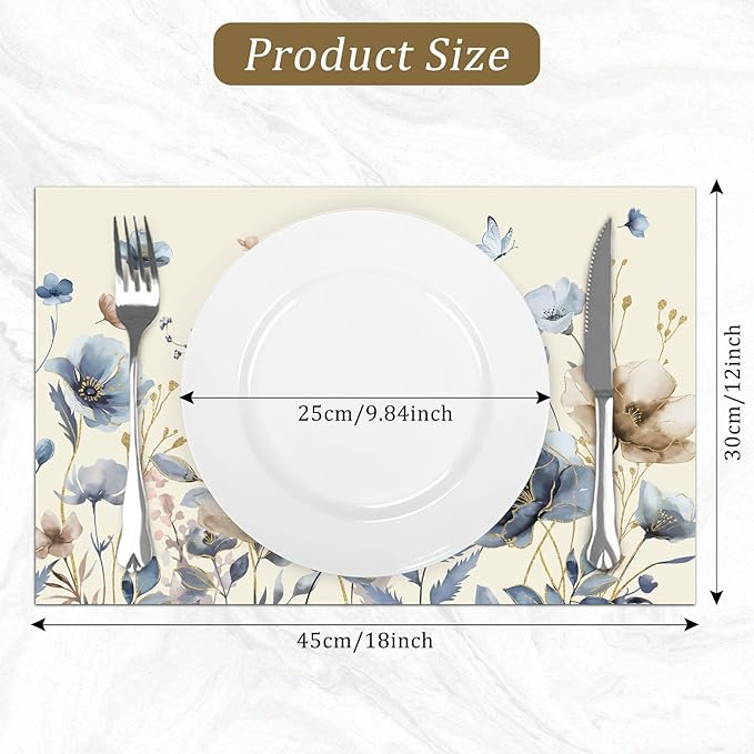 comfoyar Brown Grey Poppy Flowers Placemats Set of 4, 12x18 Inch Non-Slip Linen Spring Watercolour Floral Place Mats, Washable Absorbent Vintage Table Mats for Kitchen Dining Party Table Decoration