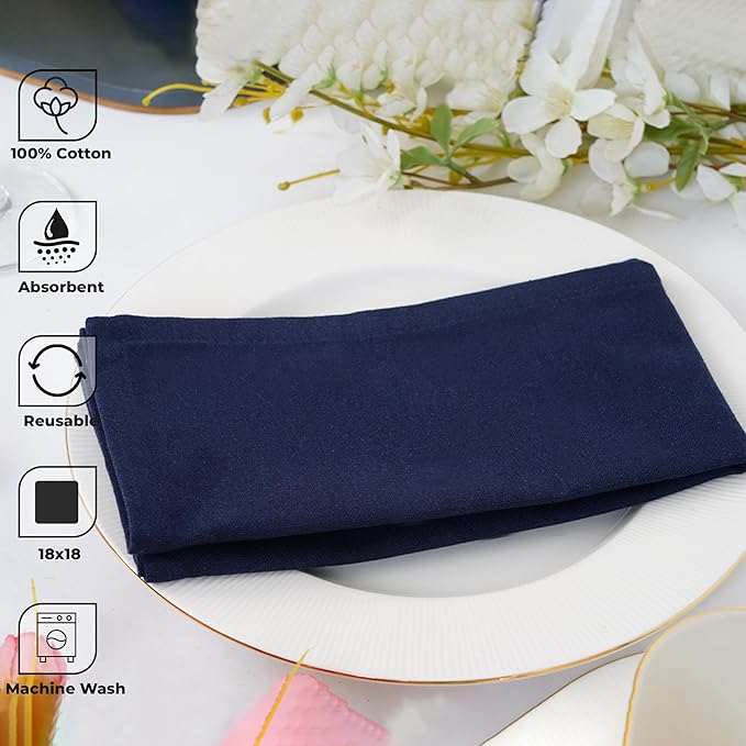 Blue Needles Solid Cloth Napkins Set of 6 Navy Blue 100% Cotton Dinner Napkins 18x18 inches - Soft, Reusable, Absorbent & Washable Linen, Ideal for Spring Summer Easter Events Parties & Everyday Use