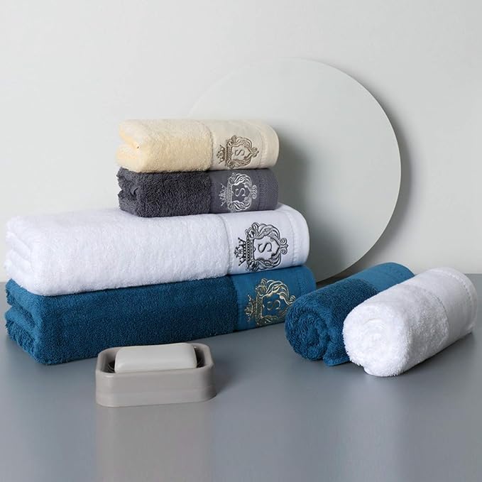 Luxury Bathroom Super Soft and Highly Absorbent Premium 100% Cotton Bath Towel Set for Gifts (Blue-R)