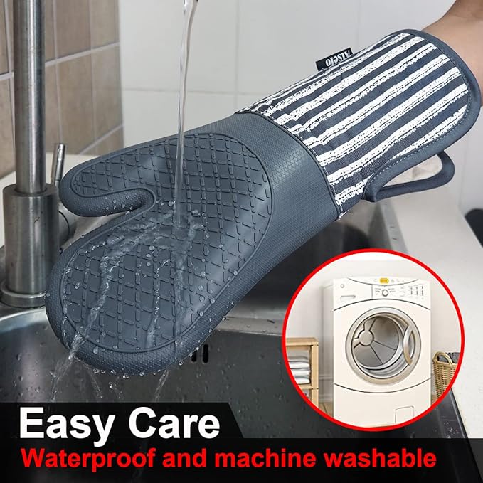 Alselo Silicone Oven Mitts Heat Resistant 932℉ with Waterproof & Non-Slip Kitchen Mittens, Set of 2 Extra Long Oven Gloves with Soft Cotton Terry Lining for Baking Cooking Barbecue