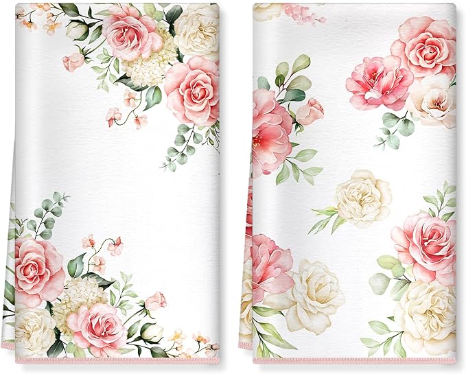 Pink Flower Microfiber Kitchen Towels, Soft Absorbent Watercolor Floral Hand Towel 15.7 × 23.6 Inch, Thick Dish Cloth for Party Anniversary Holiday Decoration, Housewarming Gifts for Mom