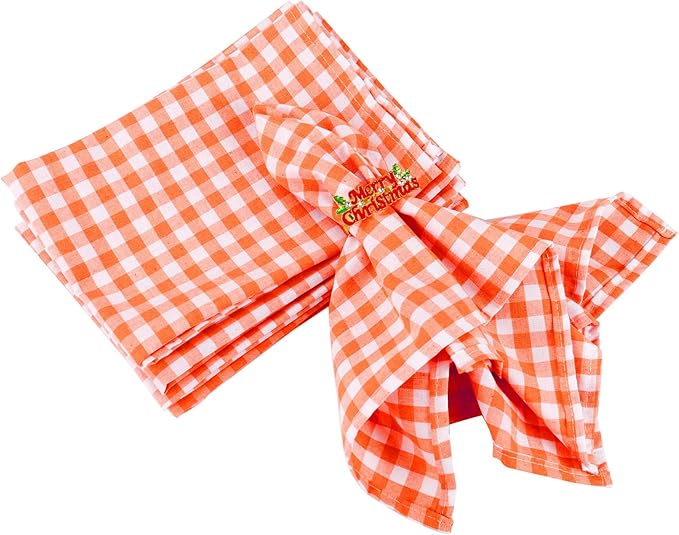 Orange White Buffalo Plaid Cloth Napkins Set of 6, Fall Cotton Table Napkins Washable, Reusable Gingham Cloth Dinner Napkins for Autumn Weeding, Parties, Thanksgiving, Christmas, Dining Celebration