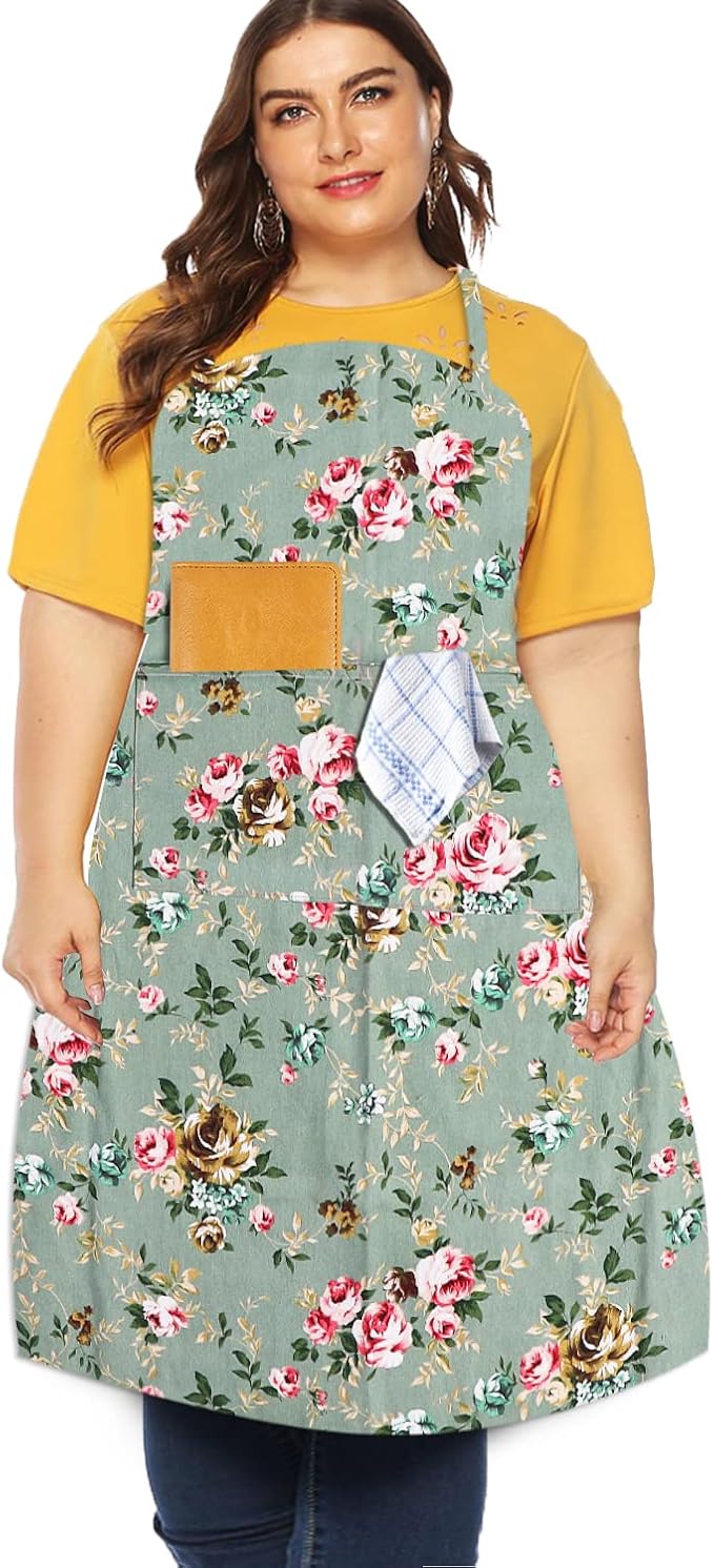 Sanlykate Extra Large Canvas Cotton Apron for Men & Women, Plus Size Durable Aprons with 2 Pockets, Adjustable Bib Machine Washable Oversized Aprons for Baking, Cooking, Painting - Greenness