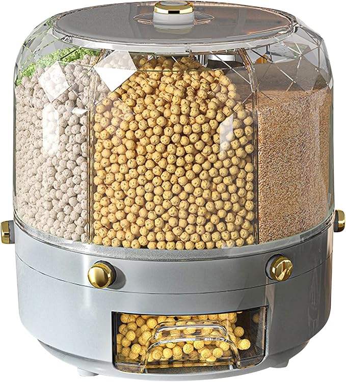 Grain Storage Container Rotatable Rice Dispenser Box 6 Grid Grain Dispenser 360 Degree Rotating Food Dispenser Cereal Dispenser Countertop for Beans Rice Grains(grey)