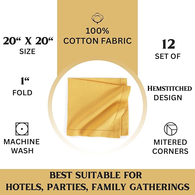 FINGERCRAFT Cloth Napkin Hemstitched 20x20 Inch Generous Picot Hem, Mitred Corner, Everyday Use Premium Quality High GSM and Good Absorbency Set of 12 Easter Color Daffodil