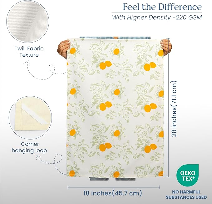 The Fine Living Co. 100% Cotton Kitchen Towels Set of 2, 18 x 28 inches, Lemon Printed Dish Towel, Hand Towels, Kitchen Towels, Boho Tea Towels - Multifunctional, Stylish, Absorbent, Soft