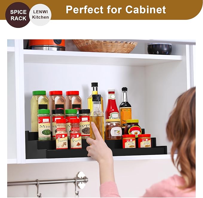 Lenwi Spice Rack Organizer for Cabinet 2 Pack, 3 Tier Expandable Bamboo Spice Storage for Kitchen Cupboard Pantry, Black