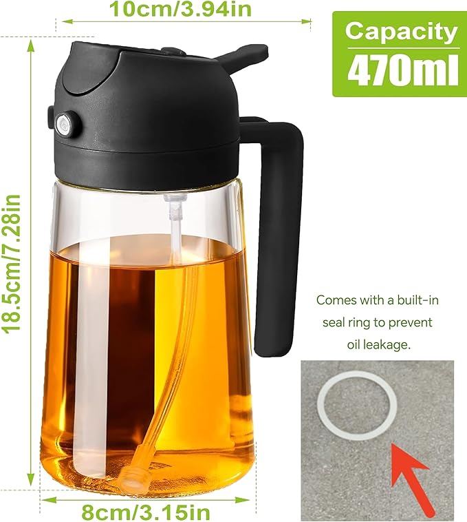 4 Pack 16oz/470 ml Olive Oil Dispenser Bottle 2 in 1 Clear Glass Oil Sprayer and Container Refillable Vinegar Dispenser with Automatic Cap Portable Spray Bottle for Cooking Baking Black