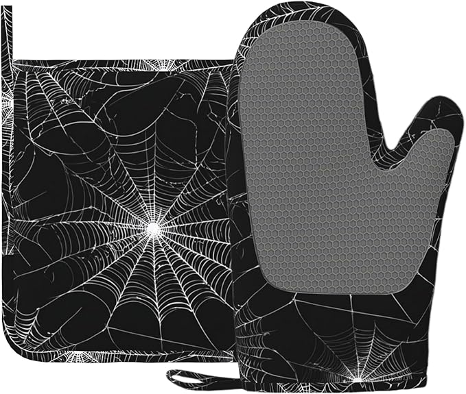 Spider Web Oven Mitts and Pot Holders Sets Silicone Kitchen Mitts Potholders Heat Resistant Oven Gloves Hot Pads for Kitchen Baking Cooking