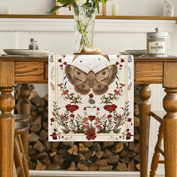 Artoid Mode Beige Poppy Moth Mushroom Moon Fall Table Runner, Seasonal Autumn Kitchen Dining Table Decoration for Home Party Decor 13x72 Inch