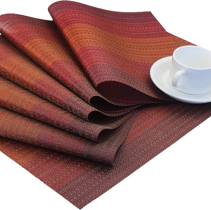PIGCHCY Placemats Set of 6 and Table Runner,Heat Resistant Vinyl Woven Washable Table mats Sets (6 Placemats+1 Table Runner,Scarlet Red)