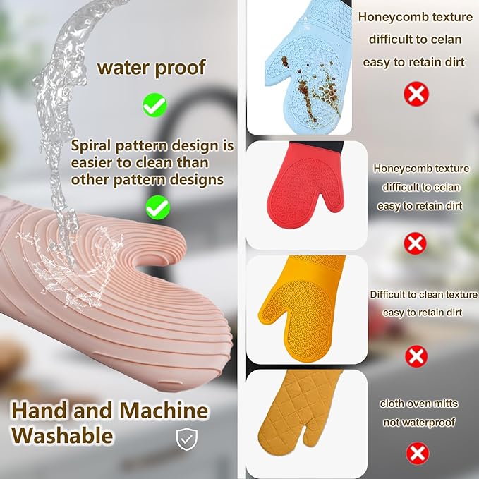 Silicone Oven Mitts-13.6 in Extended Oven Mitts Heat Resistant 500F, Oven Gloves with Soft Liner Good Grippy BPA-Free Easy to Clean Flexible-Oven Mits Set for Cooking Baking Grilling BBQ