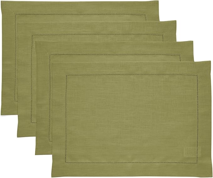 Solino Home Linen Placemats Set of 4 - Classic Hemstitch Avocado Green Placemats 14 x 19 Inch - 100% Pure Linen Table Mats for Spring, Summer, Mothers Day