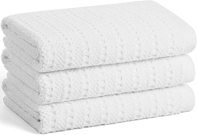 SALAS Kitchen Dish Towels, Bulk Cotton Kitchen Hand Towels, 390 GMS Plaid Dish Cloths Rags for Drying Dishes with Hanging Loop, 16‘’ x 26‘’, 3 Packs, White