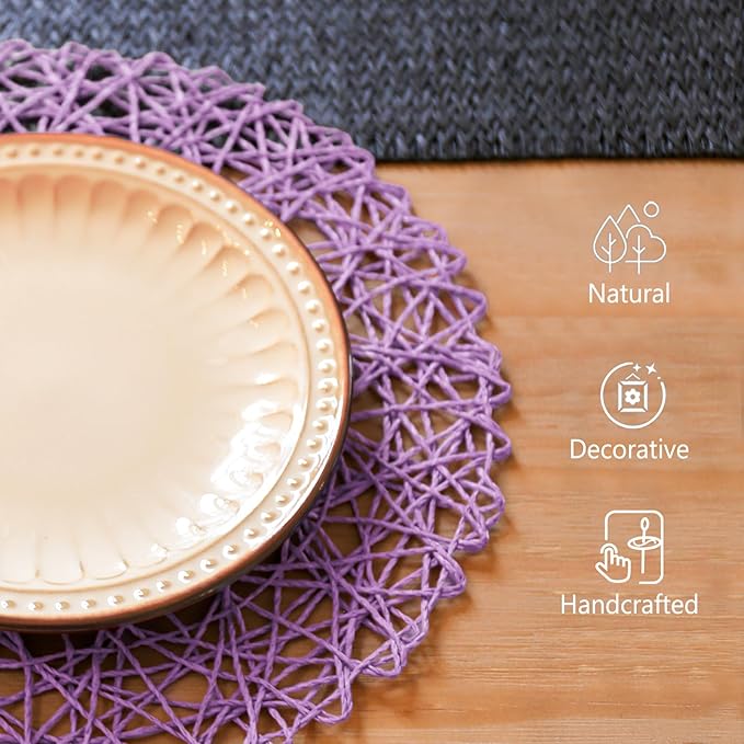 AHHFSMEI Paper Braided Round Placemats Set of 6 Natural Non-Slip Heat Resistant Table Mats for Dining Tables Woven Indoor Outdoor Place mats(Purple)