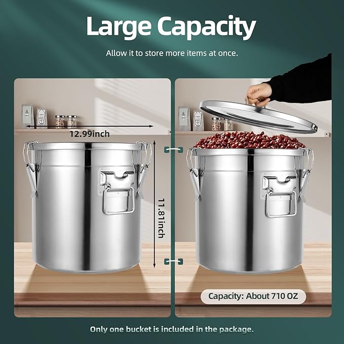 304 Stainless Steel Airtight Canister for Kitchen, Bucket Canisters,Cereal Container with Airtight Lid and Handles,Rice Cereal Grain Storage Canisters for Household (21L/ 4.62Gal)