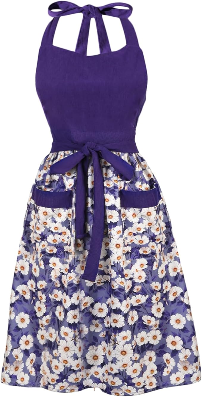 Cute Floral Aprons for Women with Pockets,Cotton Adjustable Neck Strap Apron for Kitchen Cooking Baking Gardening