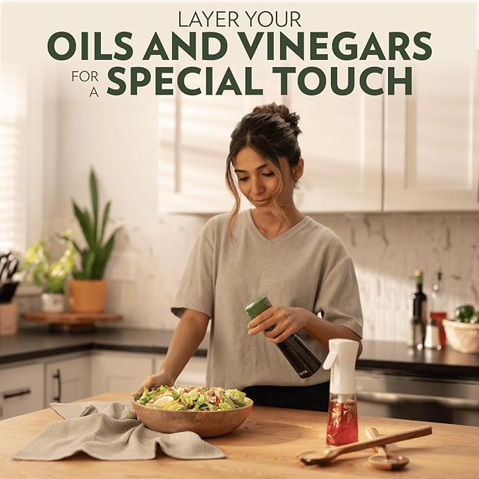 FLAIROSOL OLIVIA Signature Oil Sprayer for Cooking, 2 Pack Green Glass Olive Oil Sprayer, 200ML Oil Dispenser for Kitchen, Continuous Oil Spray Bottle with Portion Control for Air Fryer, Salad, BBQ