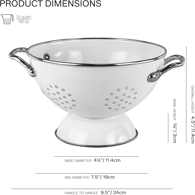 Reston Lloyd, 1.5 Quart Powder Coated Steel Kitchen Strainer Basket for draining Pasta, Vegetable and Fruit, Chrome Handles and Wide Stable Base, White