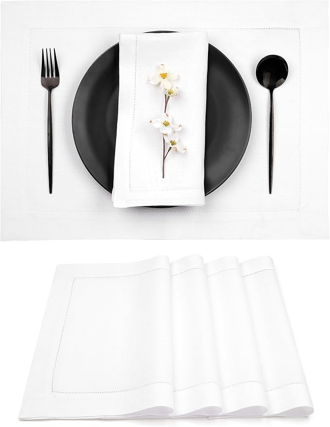 D'Moksha Homes White Linen Placemats Set of 4 - Classic Hemstitch Placemats 14 x 19 Inch - 100% Pure Linen Table Mats for Mothers Day, Spring - Handcrafted and Machine Washable