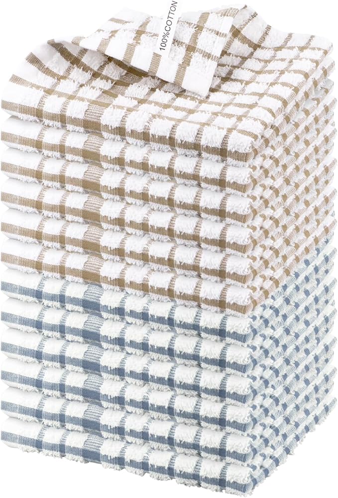 Nialnant 12PCS Dish Cloths,100% Cotton Soft Absorbent Cleaning Rags,Quick Drying Dish Towels for Kitchen,Washing Dishes-Blue Plaid+Yellow Plaid,12x12in