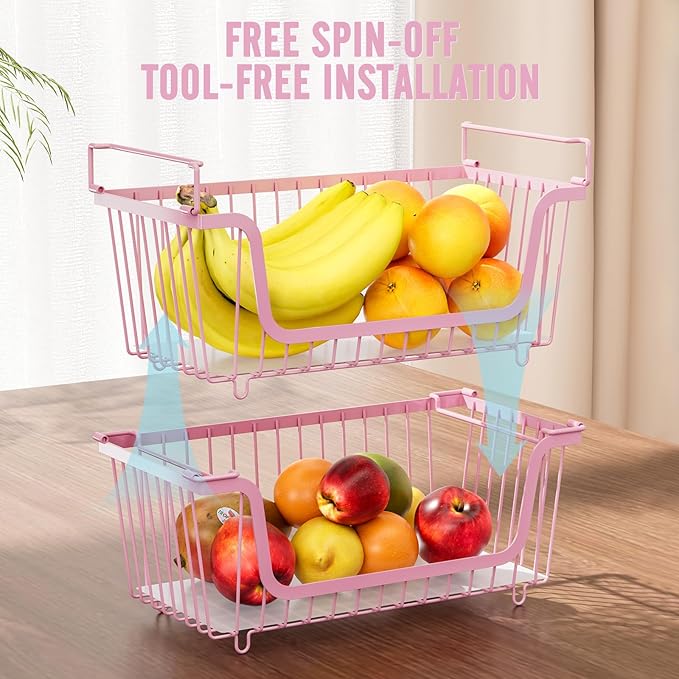 GAOKASE 4 Pcs Stackable Wire Baskets for Pantry Organizers and Storage,Vegetable Fruit Basket for Countertop,Kitchen Storage Metal Baskets,Produce Potato Onion Storage Bin,pink