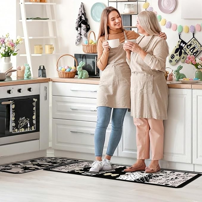 Fourluoo 10 Pcs Easter Bunny Kitchen Decor Set Easter Kitchen Towels Oven Mitts and Pot Holder Spring Eggs Flowers Rugs and Mats Black Rabbit Gloves Potholders for Farmhouse Rustic Baking Cooking BBQ