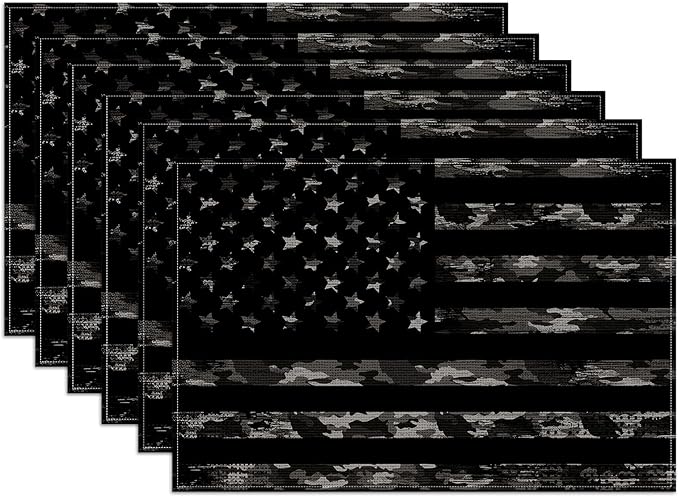 Black Camo American Flag Placemats Set of 6, Linen Place Mat Washable Stain Resistant Table Mats for Farmhouse Kitchen Dining Party Wedding Decor 12x18 Inch