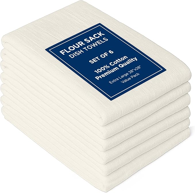 ROYALE LINENS Flour Sack Towels – 6 Pack 28x28 Inch Natural Kitchen Dish Towels – 100% Cotton Tea Towels for Bread Proofing, Cheese Straining, Baking, Cleaning, Drying, Embroidery, Multipurpose Use