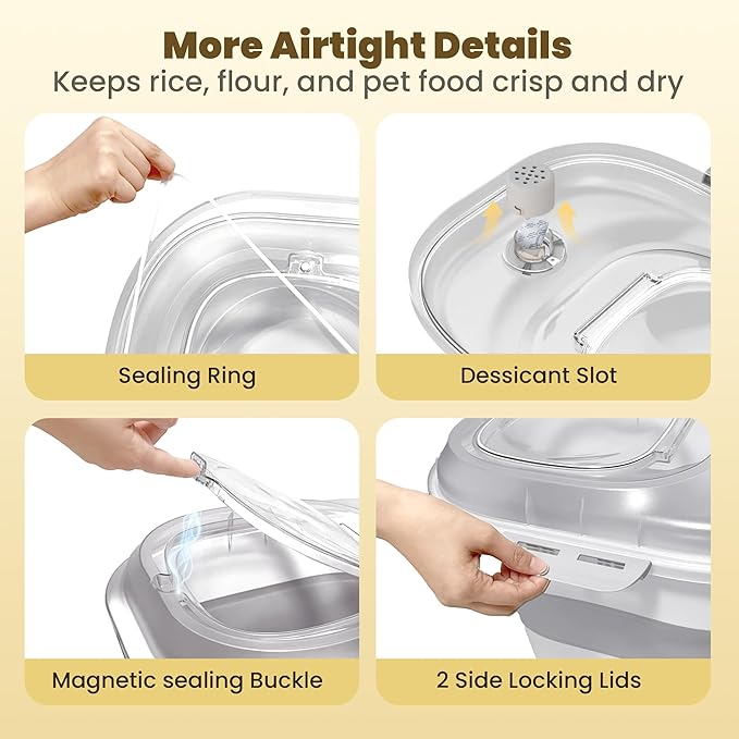 20-50Lbs Rice Container,Collapsible Food Storage Containers with Clear Airtight Lid,Wheels,Date Track,Rice Storage Container with 2PCS Containers and Scoop,Rice Dispenser for Flour Sugar Grain Dog Cat