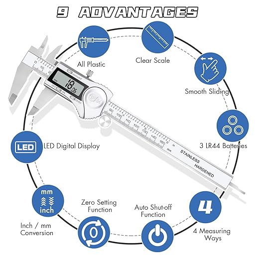 Electronic Digital Calipers, inch and Millimeter Conversion,LCD Screen displays 0-6" Caliper Measuring Tool, Automatic Shutdown, Suitable for DIY/Jewelry Measurement (150mm inch/mm/Fraction)