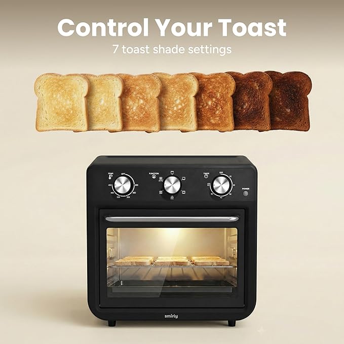 SMIRLY 6-in-1 Air Fryer Toaster Oven Combo, 27QT Convection Oven Countertop, 60 Min Timer, 1800W Oven for Toast, Roast, Bake, Reheat, Broil, Warm, Fits up to a 5 lb Turkey, 12" Pizza, 8 Toast, Black