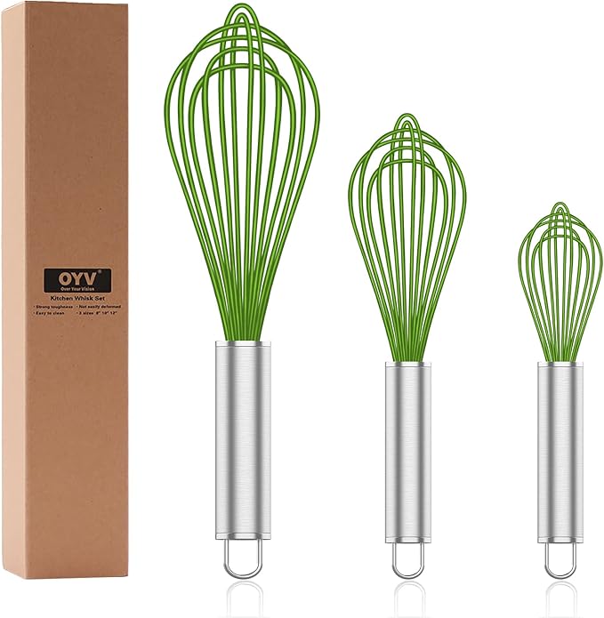 OYV Silicone Whisk,Professional Whisks For Cooking Non Scratch,Stainless Steel & Silicone Wisk,Plastic Rubber Whisk Tool For Nonstick Cookware Pans,Silicon Wisks Set of 3,Green.