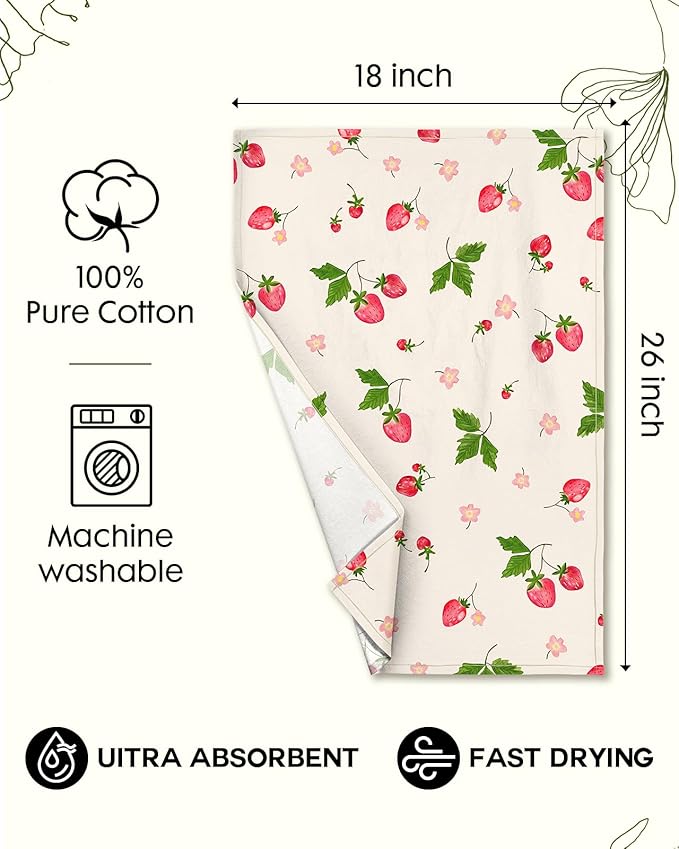 Miss Adola Flour Sack Kitchen Towels - Set of 2 Spring Dish Towels with Hanging Loop 18x26 Inch Absorbent Reusable Cotton Cloths for Cleaning Cute Design Home Decorative Housewarming, Color Strawberry