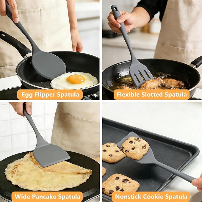 Silicone Spatula Turner Set, 600°F High Heat Resistant Spatulas for Cooking, BPA Free, Large Flexible Kitchen Utensils Flipping Eggs, Pancakes, Fish, Burgers, Dishwasher Safe (4 Pack, Gray)