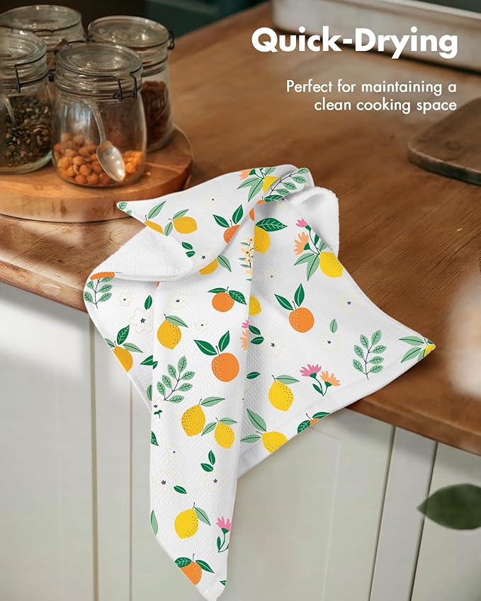 Miss Adola 2pcs Waffle Kitchen Towels - 16x26 Inch Cotton Waffle Weave Dish Cloths Set of 2 with Hanging Loop Absorbent Hand Tea Towels Fruits Design for Housewarming Gift, Citrus