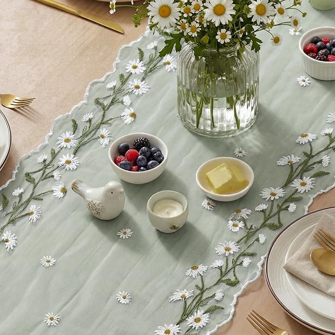 Artoid Mode Daisy Floral Sage Green Shaped Gauze Embroidery Table Runner 120 Inch 10FT, Tulle Spring Summer Kitchen Dining Table Decor for Home Party