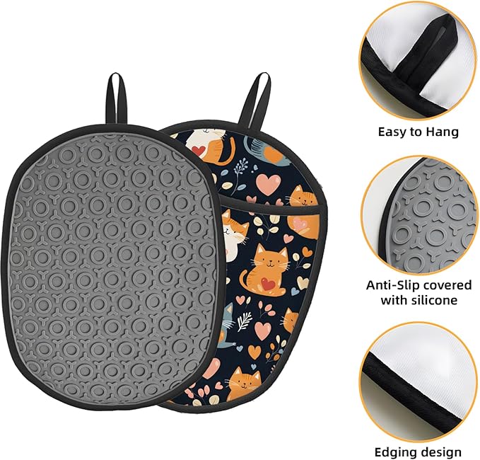 Cat Heart Silicone Pot Holders Set of 2, Heat Resistant up to 500°F, Non-Slip Kitchen Hot Pads with Pocket and Soft Quilted Cotton Lining for Baking, Cooking and Hot Pots