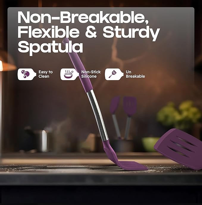 BakeRoyal Silicone Spatula Set - Turner Spatulas Silicone Heat Resistant 600°F - Slotted & Solid Spatula for Cooking Fish, Eggs, Pancakes Flipper – Spatulas for kitchen use – Berry