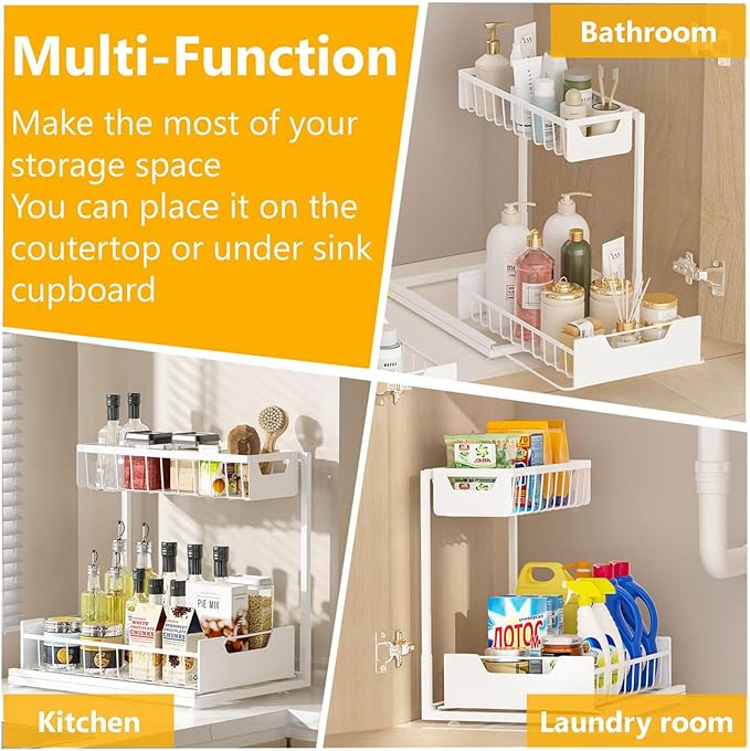 Ceetug Under Kitchen Sink Organizers and Storage Pull Out 2 Tier Metal Bathroom Cabinet Organizer (White, 2 Pack)
