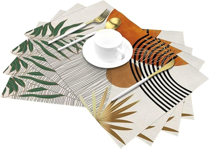 Mid Century Placemats Set of 4,12x18 Inches Boho Orange Green Tropical Leaf Decorative Placemats Modern Rectangle Table Mats for Party Home Kitchen Dining Table Decoration