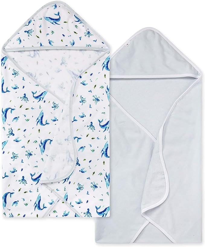 Burts Bees Baby Infant Hooded Towels Whale of a Tale Organic Cotton, Unisex Bath Essentials and Newborn Necessities, Soft Nursery Towel with Hood Set, 2-Pack Size 29 x 29 Inch